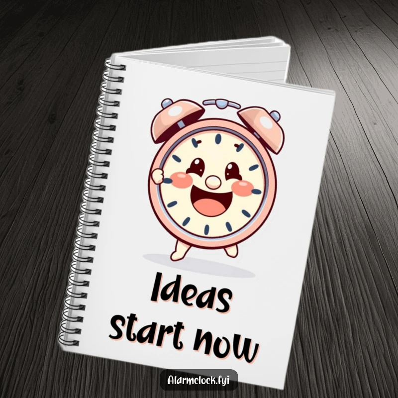 Funny notebook with a cheerful character heroically grabbing a loud, ringing alarm clock, symbolizing determination and productivity, perfect for notes.