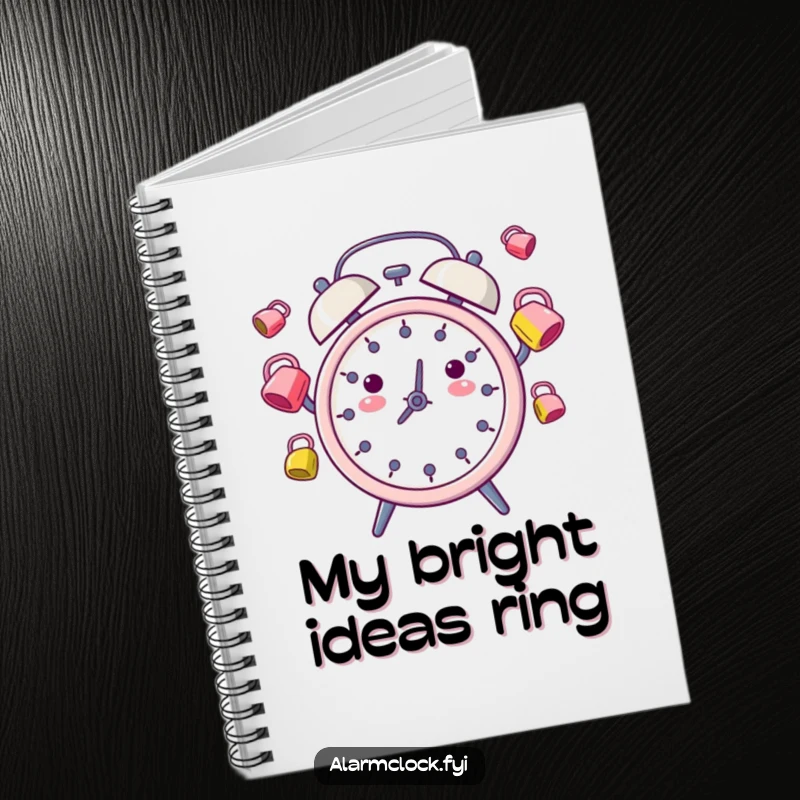 Funny Notebook: An animated alarm clock juggling colorful bells, ready to capture brilliant ideas.