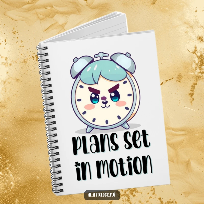 Funny notebook cover: a character with a determined expression and a smile, facing an alarm clock, symbolizing ambition and focus.
