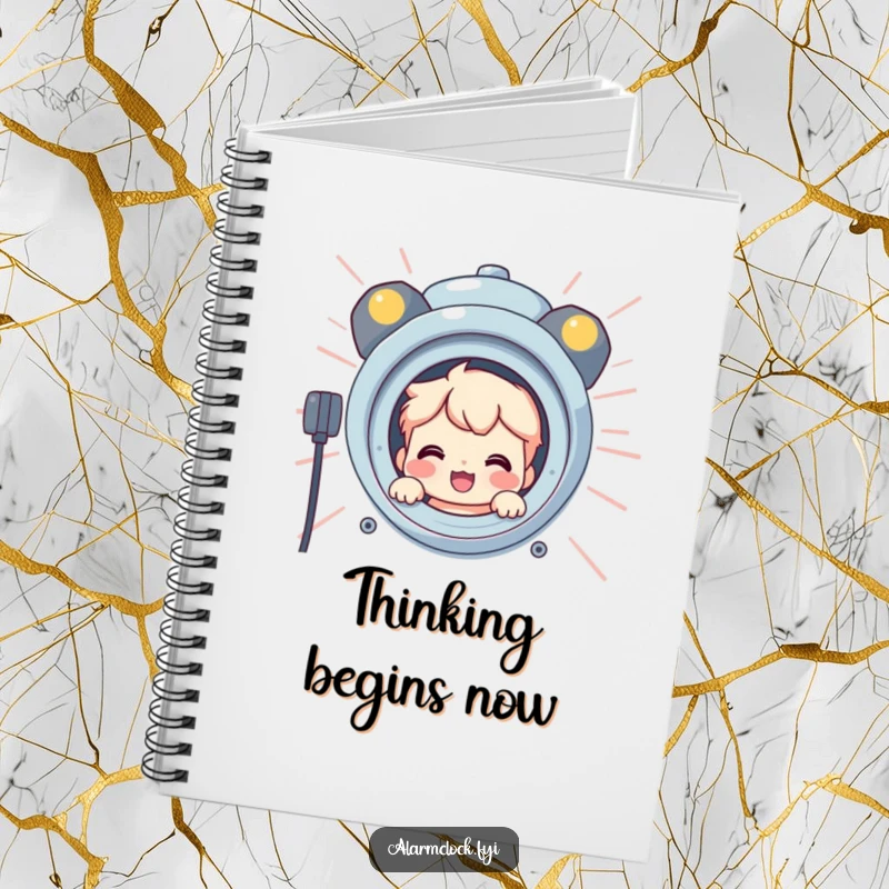 Funny notebook with a smiling character peeking from behind a giant, blaring alarm clock, encouraging playful note-taking and ideas.