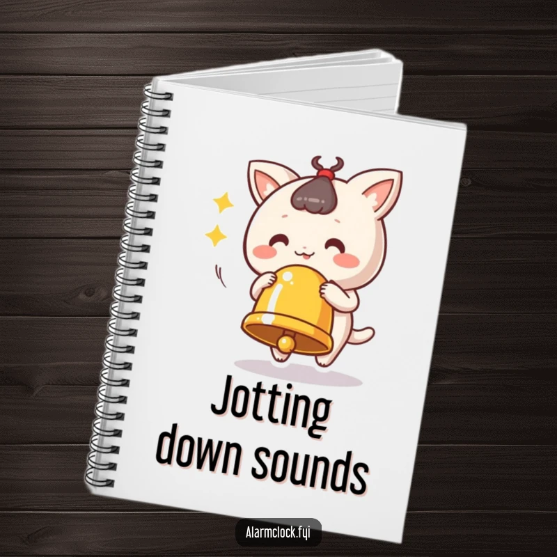Funny ringing bell notebook with a cute character vigorously ringing a bell, ideal for jotting down notes.