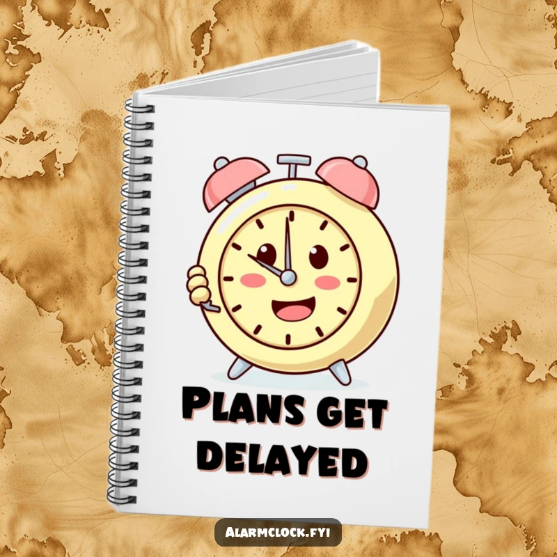 Funny notebook featuring a determined alarm clock character repeatedly pushing the snooze button, ideal for jotting down sleepy thoughts.