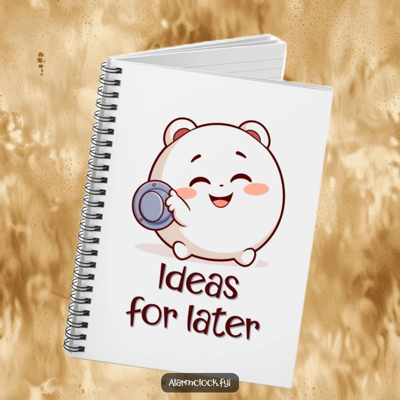Funny notebook with a smiling character enthusiastically hitting a snooze button, ideal for journaling or taking notes with a humorous twist.