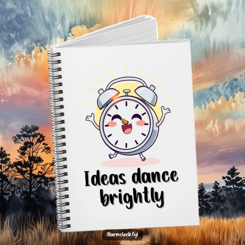 Funny notebook cover with a cheerful alarm clock character dancing with joy as the sun rises, for journaling and note-taking.