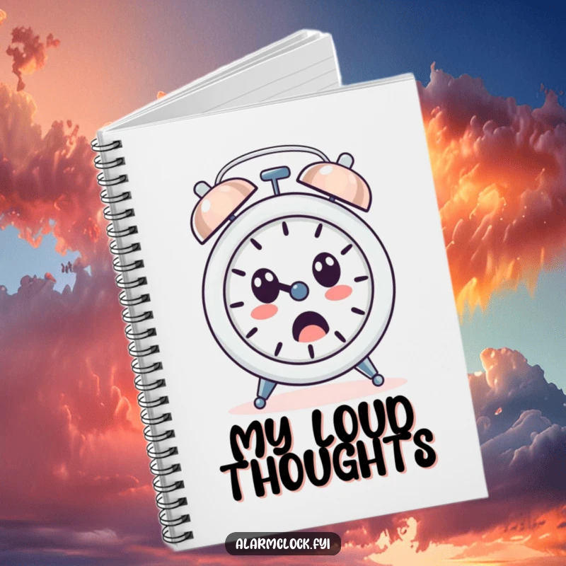 Funny notebook with a loud-ringing alarm clock character and a surprised face, symbolizing sudden inspiration.