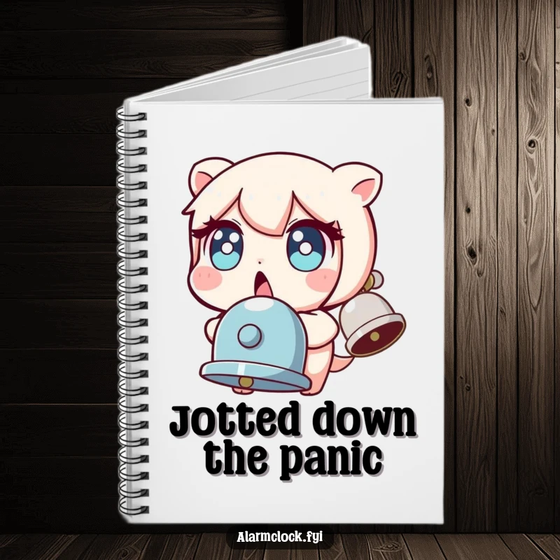 Funny notebook cover with a character's wide-eyed, surprised reaction to a bell, perfect for humorous note-taking.