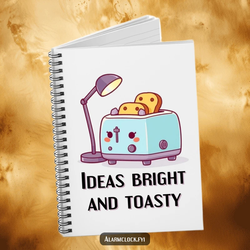Funny notebook with a design of a toaster using a desk lamp for toast, perfect for jotting down humorous ideas.