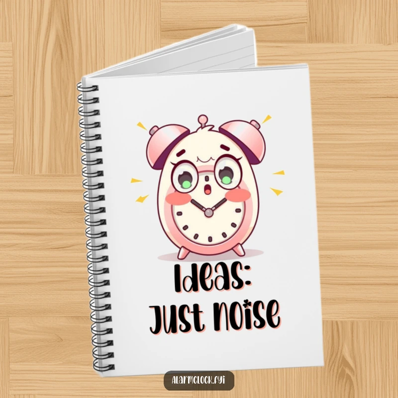 Funny notebook with a wide-eyed character startled by loud alarm clock bells, designed for humorous note-taking.