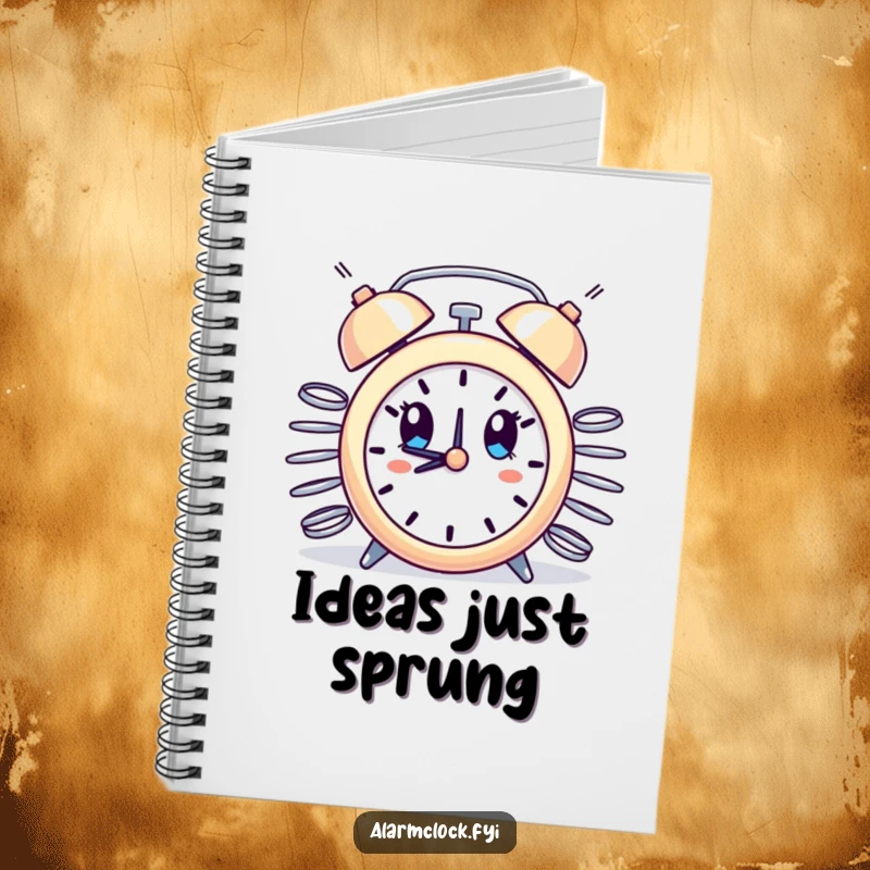 Funny notebook cover showing an alarm clock with erupting springs, looking comically surprised, ideal for jotting notes humorously.