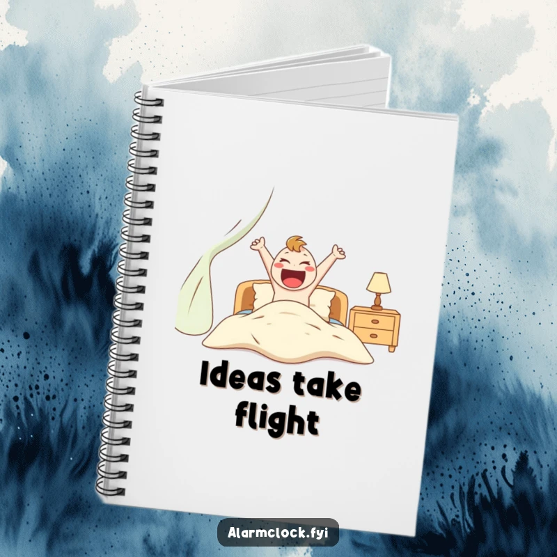 Funny notebook cover with an excited character energetically jumping out of bed, perfect for humorous note-taking.