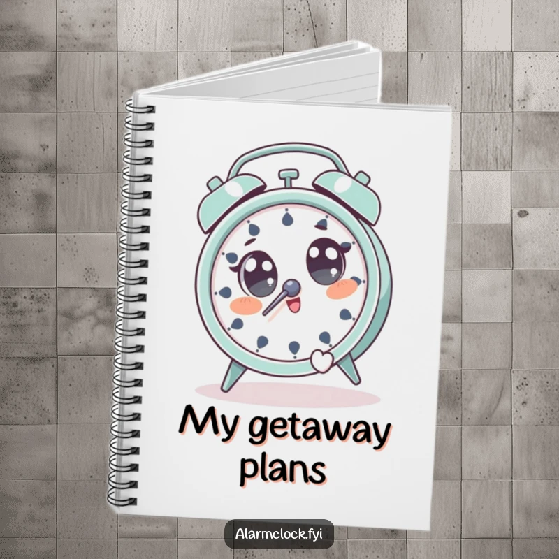 Funny notebook depicting a startled character with wide eyes, jumping away from a ringing alarm clock.