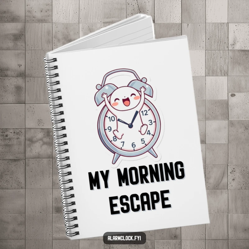Funny notebook with a cheerful character joyfully leaping out of an alarm clock, inspiring energetic planning and journaling.