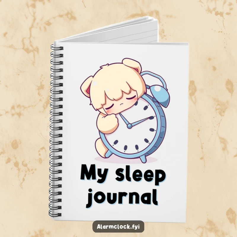 Funny notebook with a sleeping character hugging an alarm clock tightly, symbolizing cherished dreams and ideas.