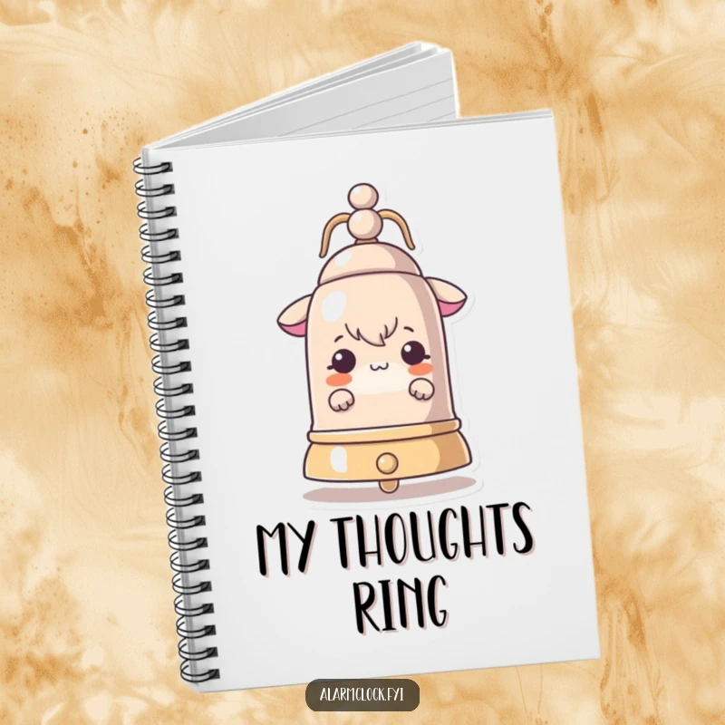 Funny notebook with a curious character peeking from behind a large ringing bell, inspiring note-taking and exploration.