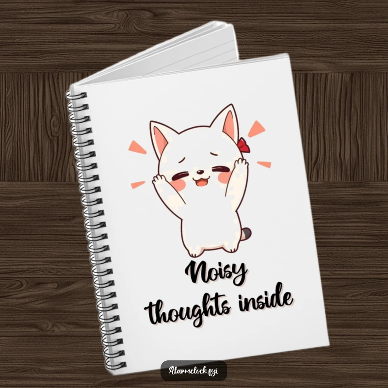 Funny notebook with a blushing character covering its ears from a loud alarm, designed for jotting down thoughts with a desire for quiet.