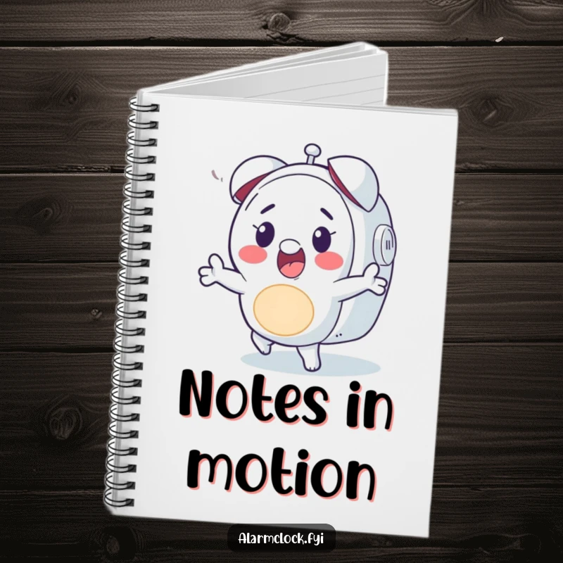 Funny notebook cover with a happy character dancing to an alarm clock's ring, perfect for humorous note-taking.