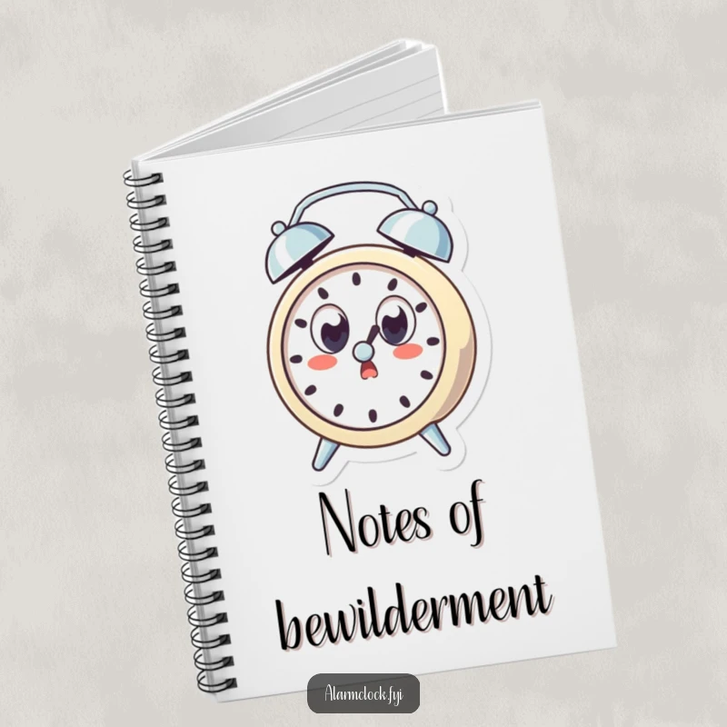 Funny notebook cover with a surprised alarm clock character with wide eyes, startled by its own ring, for journaling and note-taking.