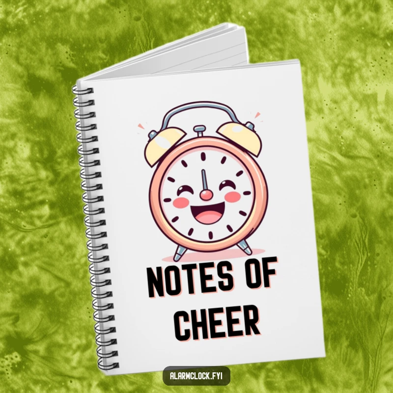 Funny notebook cover with a smiling alarm clock character ringing loudly with cheerful energy, perfect for jotting down happy ideas.