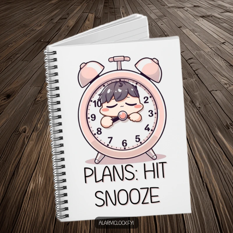 Funny notebook with a sleepy character groggily pressing a giant alarm clock's snooze button, designed for humorous note-taking.