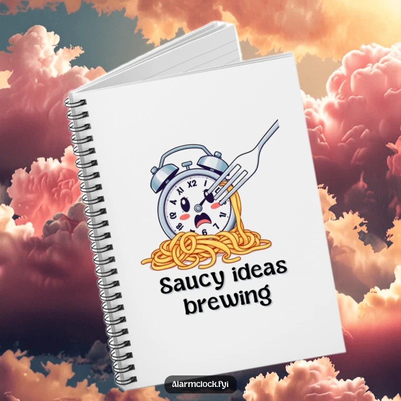 Funny notebook with a spaghetti-covered alarm clock escaping a fork, ideal for humorous note-taking.