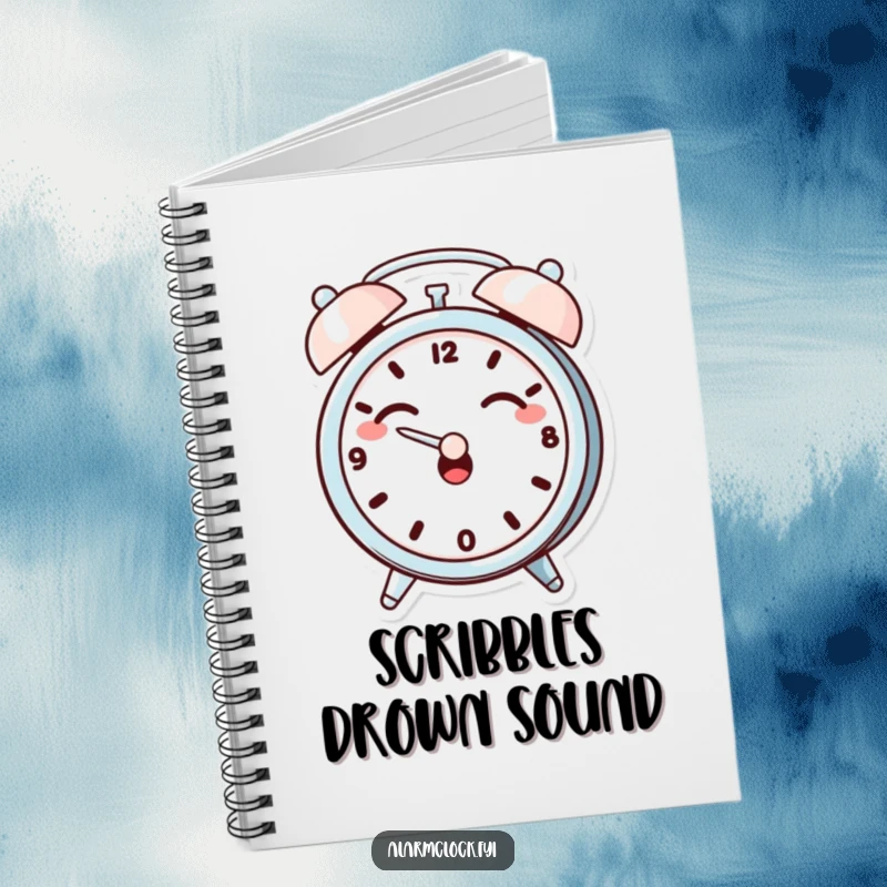 Funny notebook cover with a giggling alarm clock character dramatically covering its ears, for journaling and note-taking.