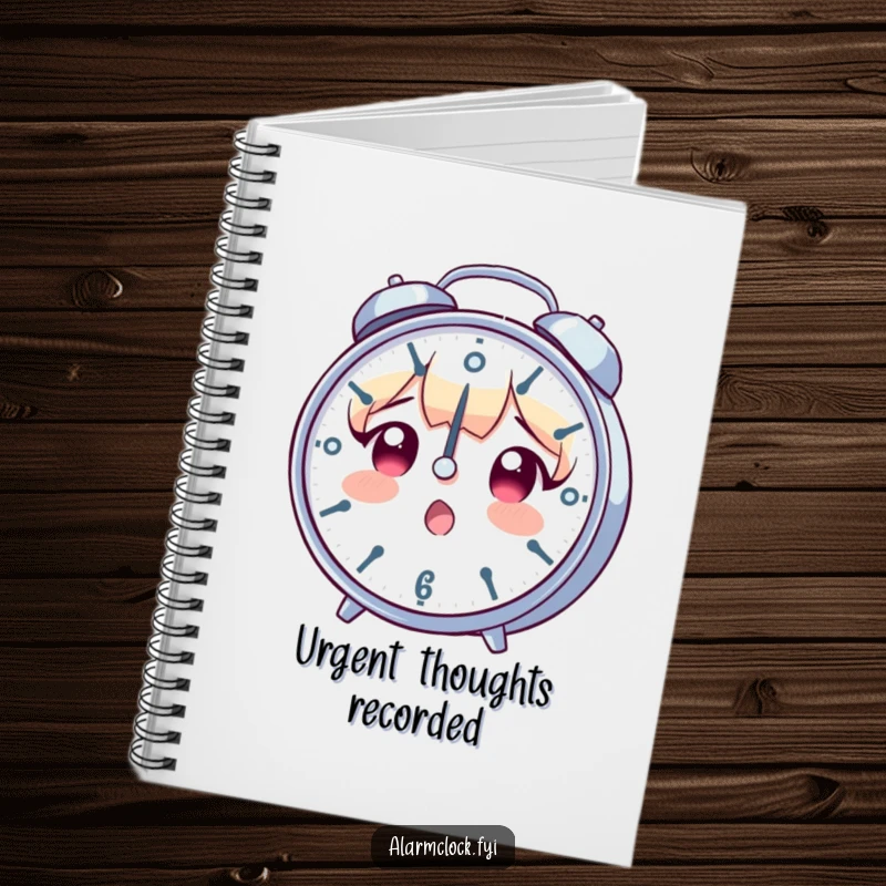 Funny notebook with a surprised character staring at a rapidly spinning clock, designed for jotting down notes with a sense of urgency.