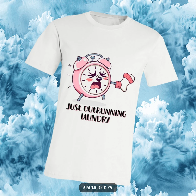 Funny T-Shirt: a terrified, sweating alarm clock running from a rogue sock, symbolizing stressful mornings and a good laugh.