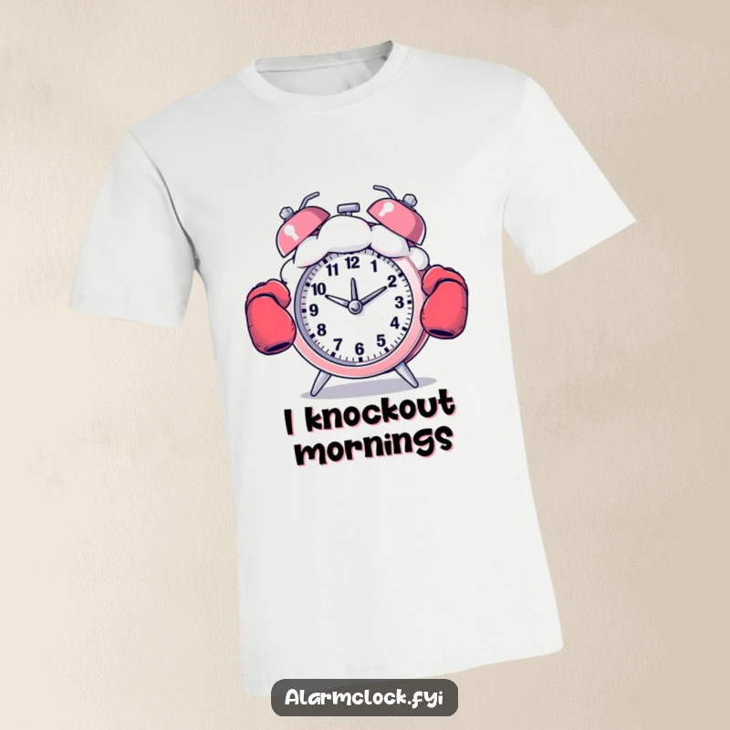 Funny T-shirt depicting an alarm clock with boxing gloves punching a cloud, expressing a humorous morning fight.