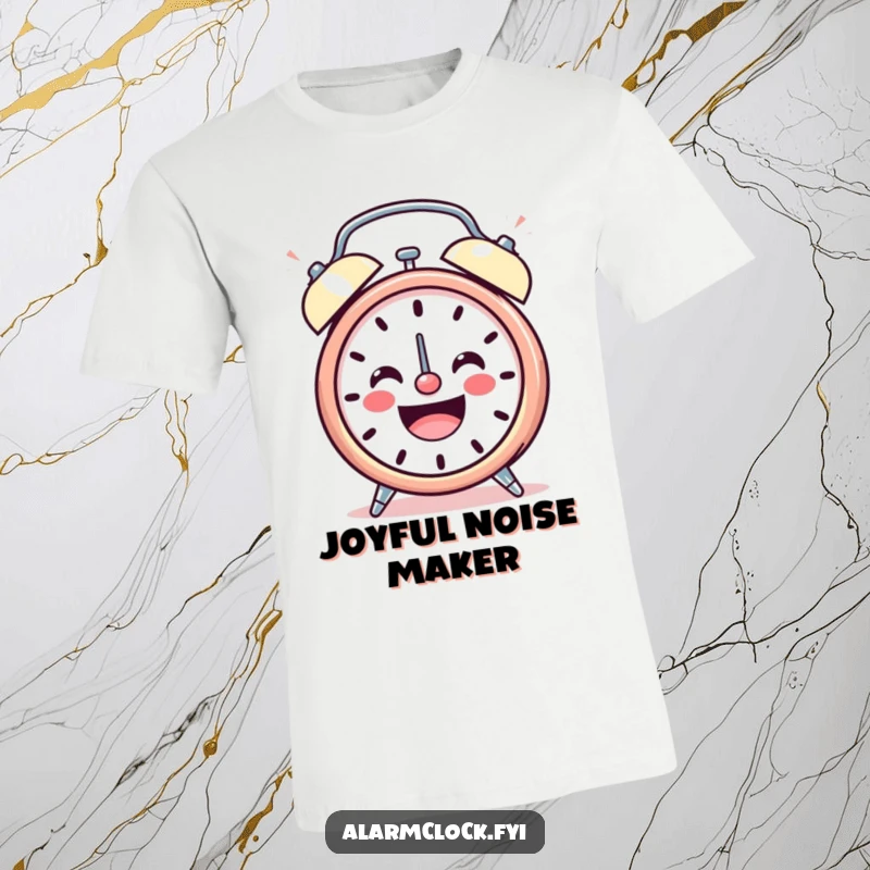 Funny t-shirt with a smiling alarm clock character ringing loudly with cheerful energy, designed for happy and humorous wear.