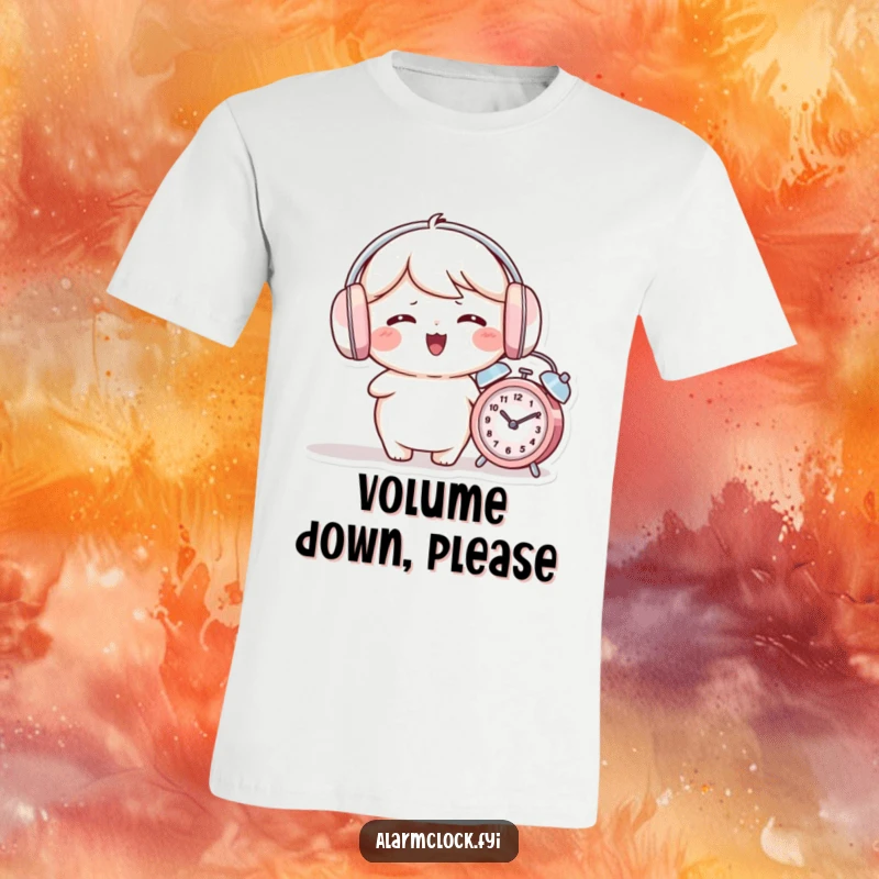 Funny t-shirt featuring a giggling character wearing earmuffs, unfazed by a nearby ringing alarm clock.