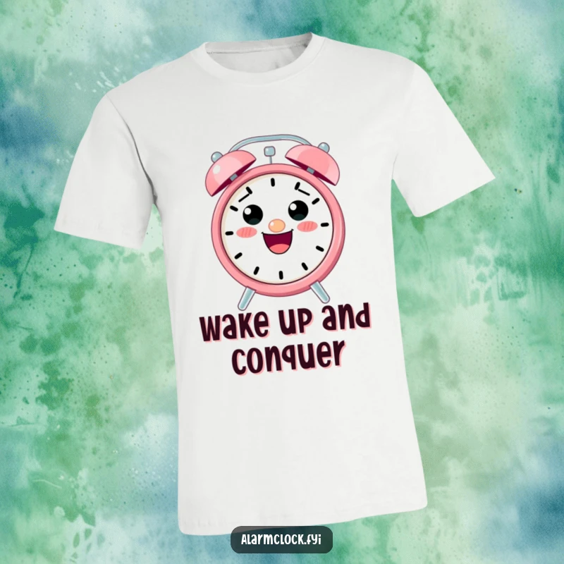 Funny t-shirt with a cute, smiling alarm clock character excitedly ringing, capturing morning chaos with humor.