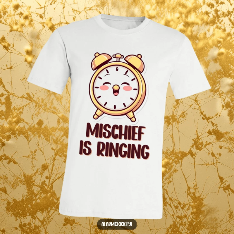 Funny t-shirt showing a giggling alarm clock character with a mischievous grin, playfully ringing its bell and embodying playful mischief.
