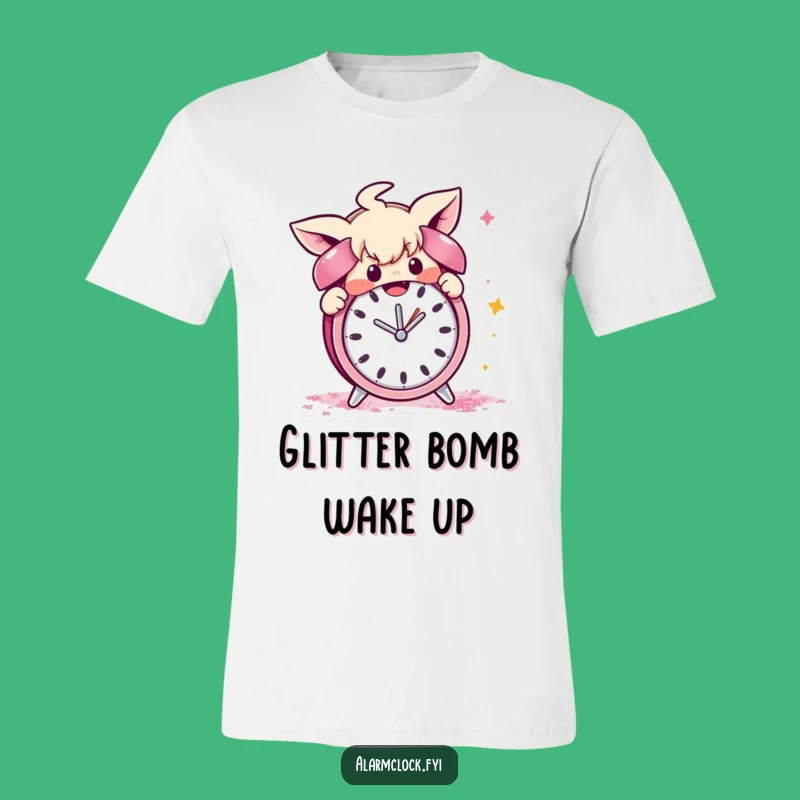 Funny Glitter Bomb T-Shirt: Mischievous Character's Alarm Clock Prank, Great Gift