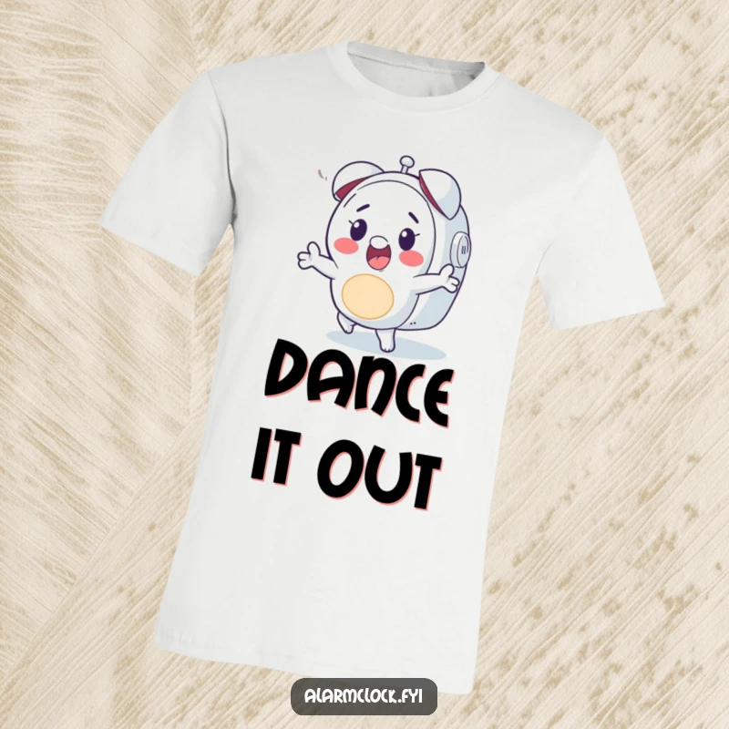 Funny t-shirt with a smiling character performing a lively dance to an alarm clock's ring, expressing musical joy.