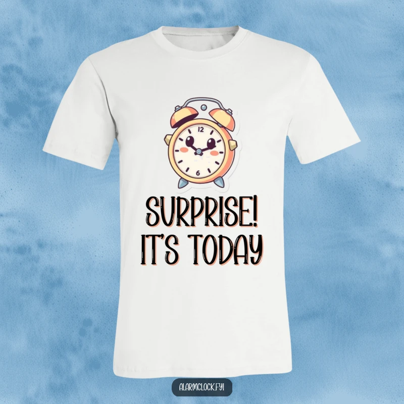 Funny t-shirt with a cute alarm clock character leaping out of a bell, wide-eyed and surprised, ideal for a humorous morning apparel gift.