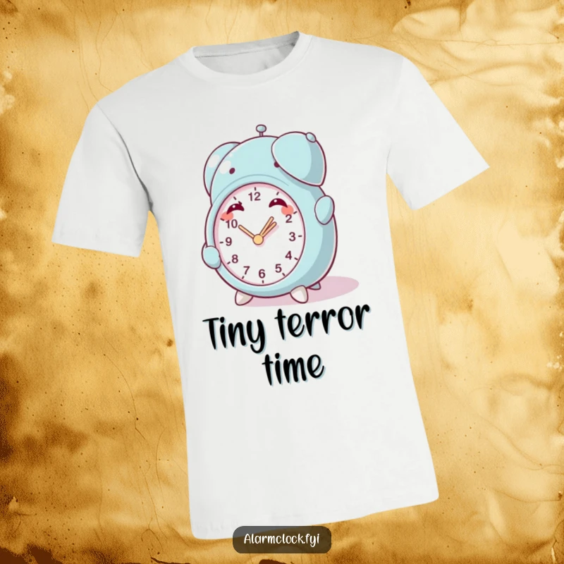 Funny Mischief Clock T-Shirt: A character smirking while winding a small alarm clock, symbolizing playful intentions.