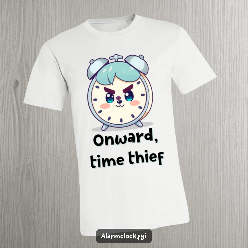 Funny t-shirt with a character displaying a determined look and a smile, confidently facing an alarm clock, representing morning readiness.