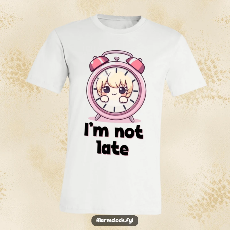 Funny t-shirt featuring a cartoon character cautiously peeking through a loud, ringing alarm, expressing a humorous wake-up struggle.