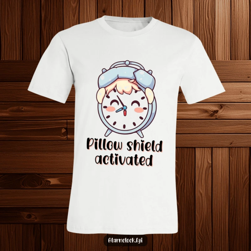 Funny t-shirt featuring a surprised character shielding their head with a pillow from a chiming alarm clock.