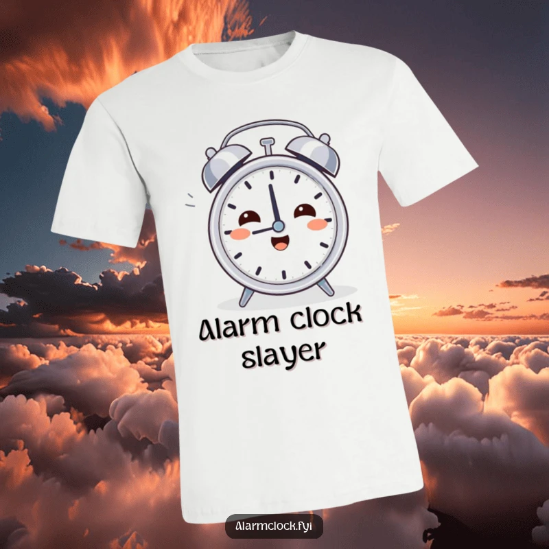Funny Relief Clock T-Shirt: A character sighing with relief while switching off a noisy alarm, celebrating morning calm.