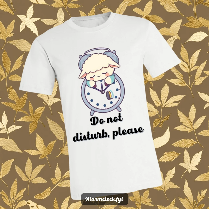 Funny t-shirt featuring a sleepy sheep in pajamas trying to snooze on an alarm clock, a whimsical and cozy graphic.