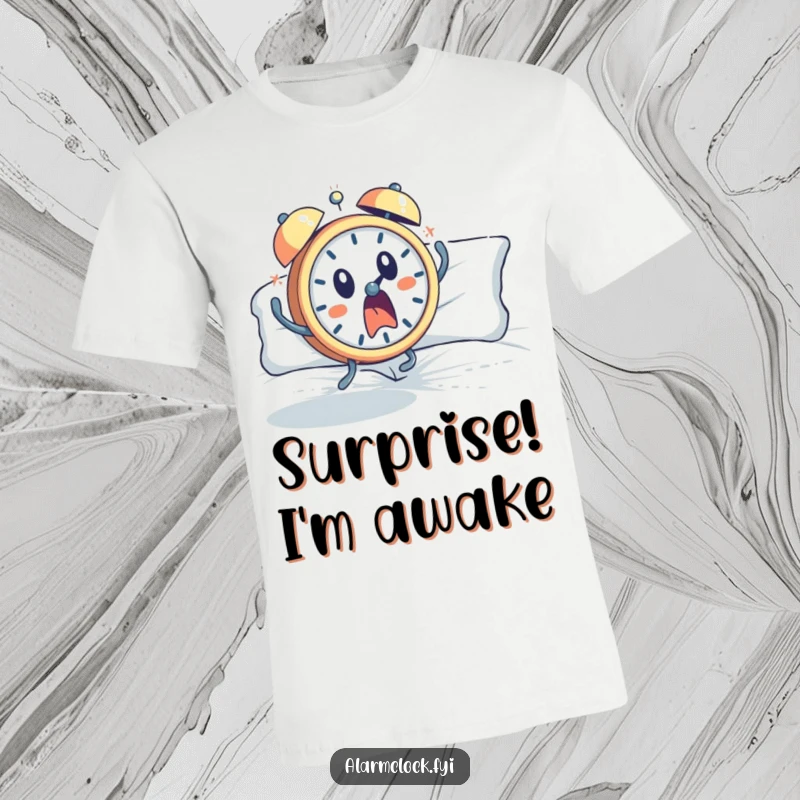 Funny t-shirt showing a startled alarm clock character dramatically leaping out of bed with a surprised, wide-eyed expression.