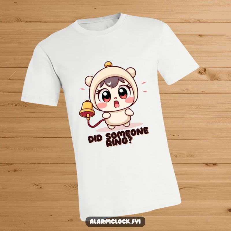 Funny t-shirt featuring a cute, wide-eyed character leaping back from a loud, jarring bell, a humorous depiction of being startled.