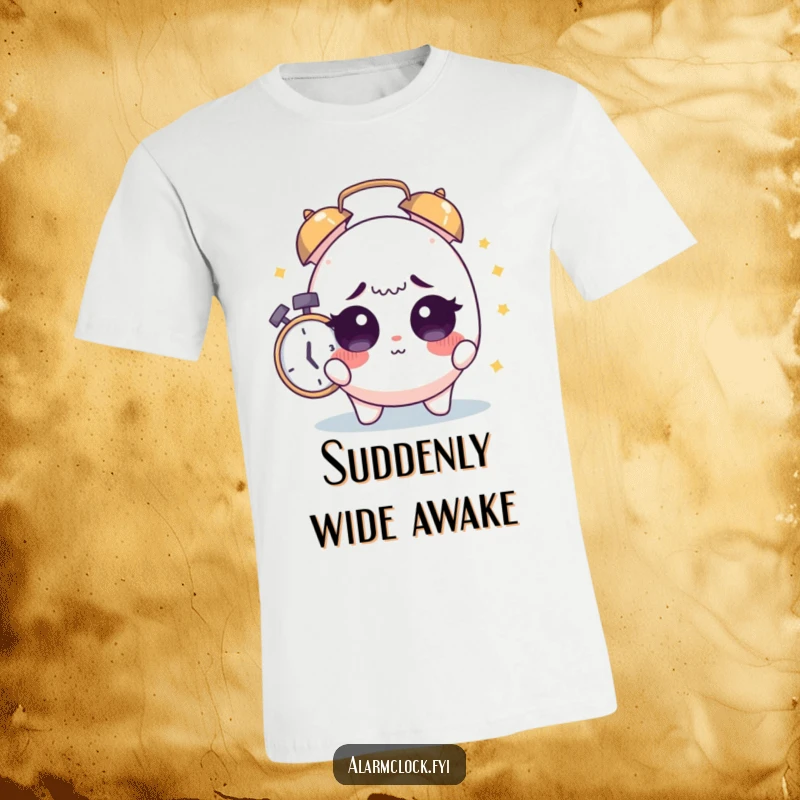 Funny Startled Character T-Shirt: Cute character’s sleepy eyes widened in shock by an alarm clock.