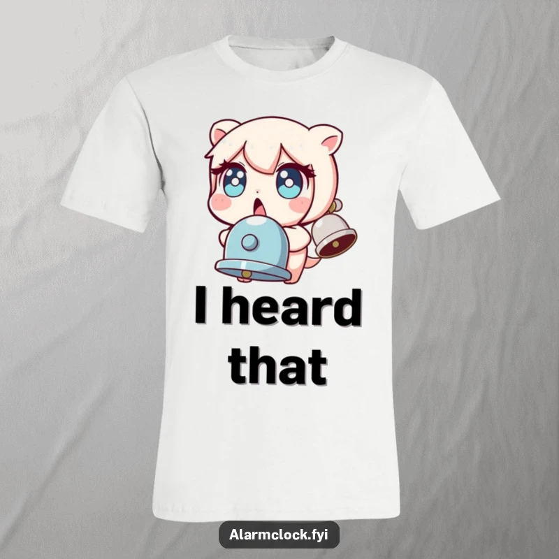 Funny t-shirt with a wide-eyed, startled character jumping back from a loud bell, expressing comical morning shock and surprise.