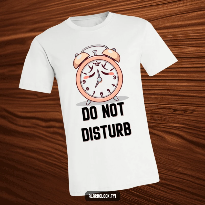 Funny t-shirt with a tired character reluctantly hitting snooze on an alarm clock, relatable morning humor.