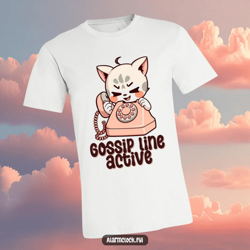 Funny t-shirt featuring a mischievous character with a playful expression, dialing a small, retro telephone, embodying a spirit of fun.