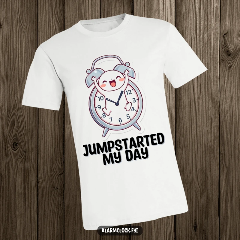 Funny T-shirt showcasing a cheerful character joyfully leaping out of an alarm clock, capturing the excitement of a new day.