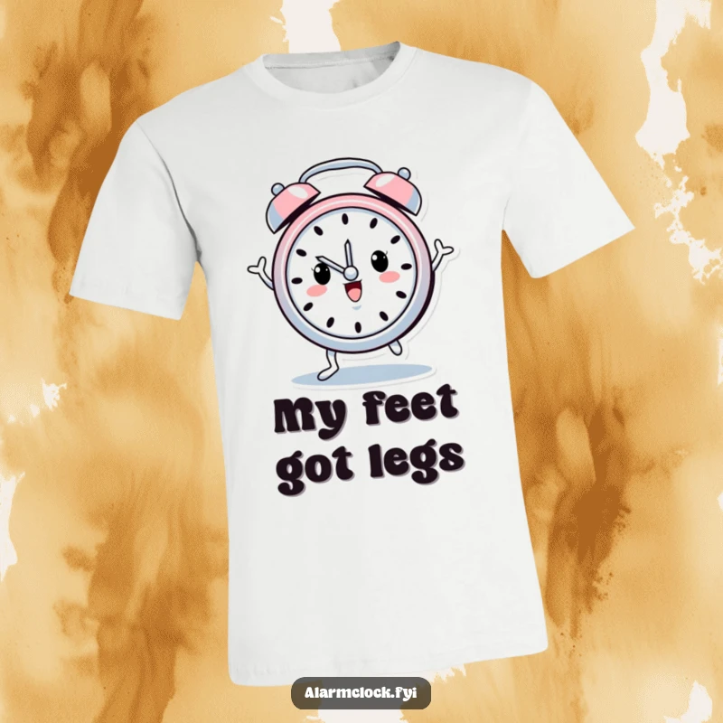 Funny t-shirt showcasing a cheerful alarm clock character with tiny legs engaged in a happy, energetic dance.