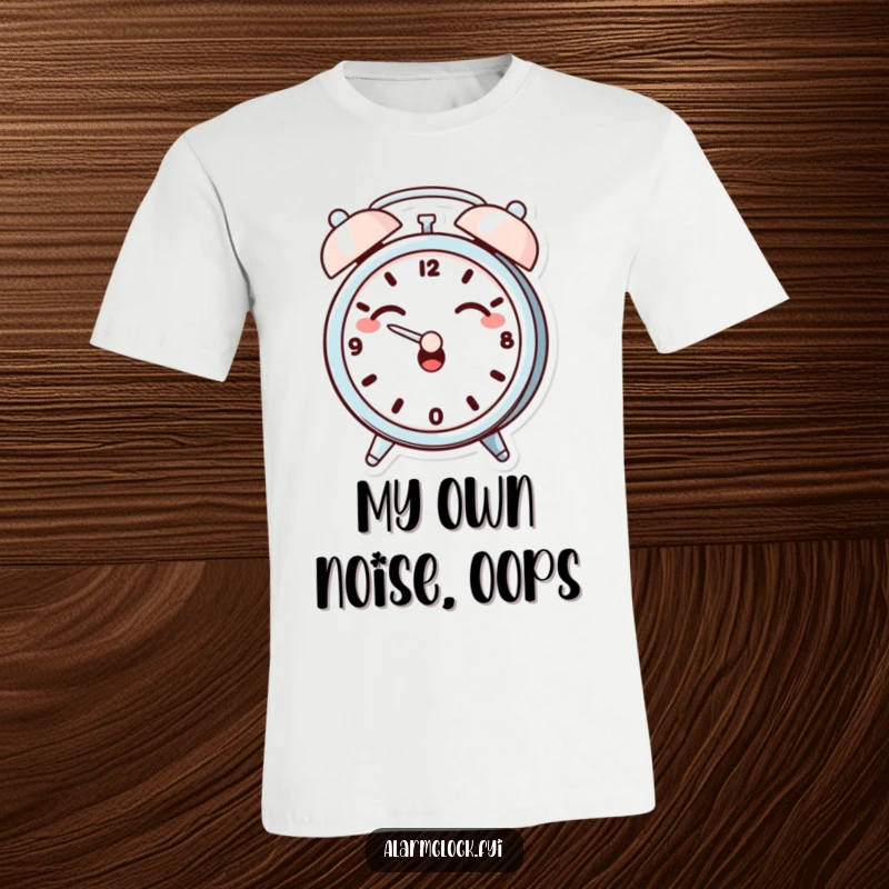 Funny t-shirt depicting a giggling alarm clock character dramatically covering its ears, a humorous take on overwhelming sound.